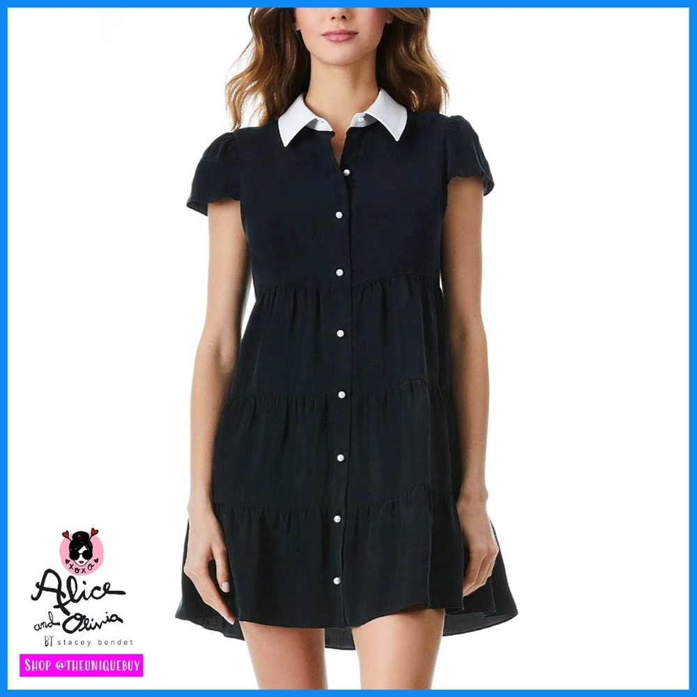 Alice + Olivia Meeko Black White Vegan Leather Combo Tiered Mini Shirt Dress